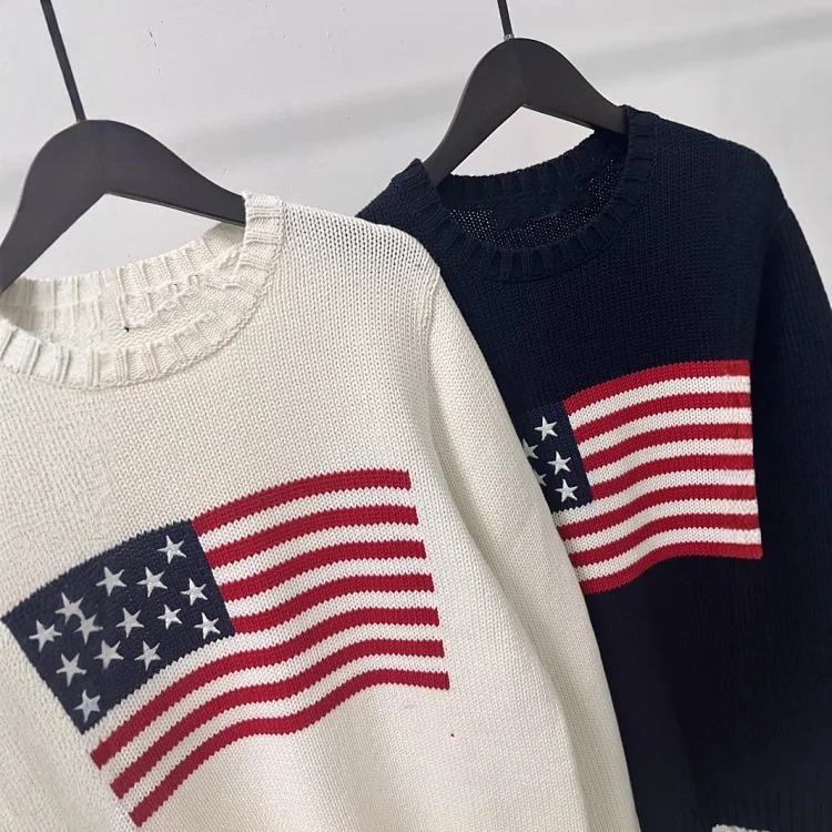 Five-pointed star embroidered striped flag pullover round neck knitted sweater for women for men and women image 4