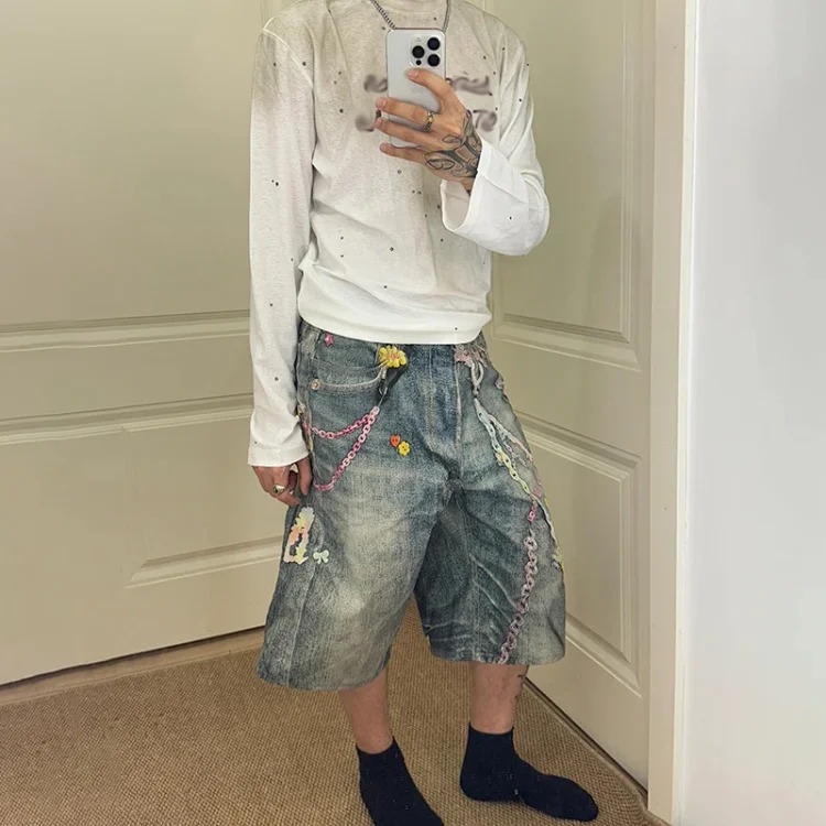 Ac style 3D digital print candy chain jeans cat whiskers distressed cropped pants straight wide leg shorts