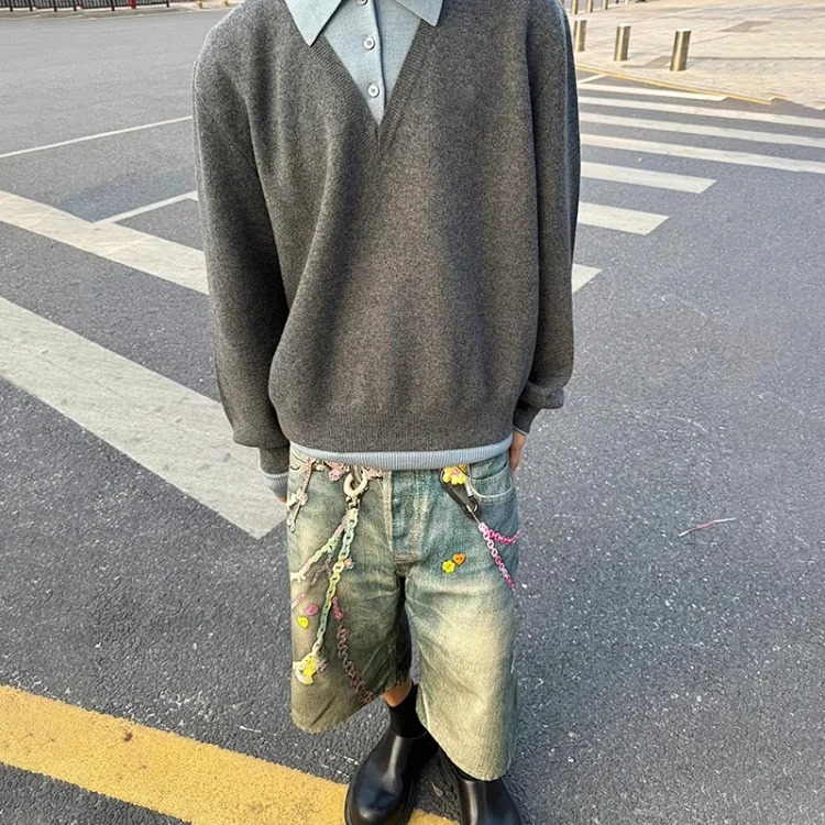 Ac style 3D digital print candy chain jeans cat whiskers distressed cropped pants straight wide leg shorts