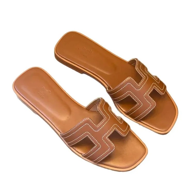Hermes flat slippers for women, sheepskin all-inclusive embroidery thread for outer wear