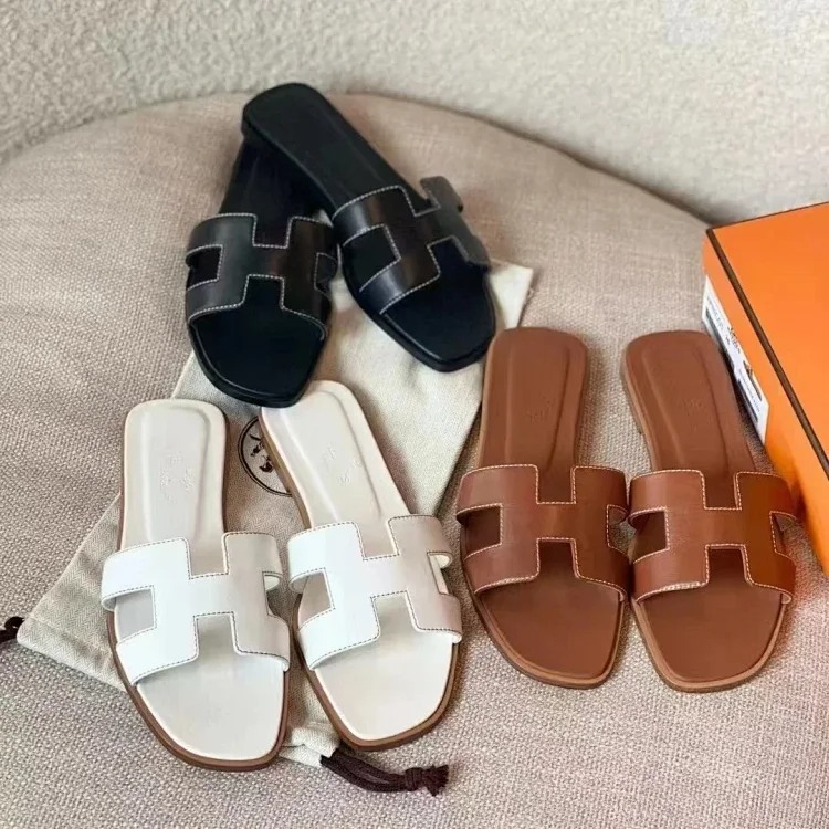 Hermes flat slippers for women, sheepskin all-inclusive embroidery thread for outer wear