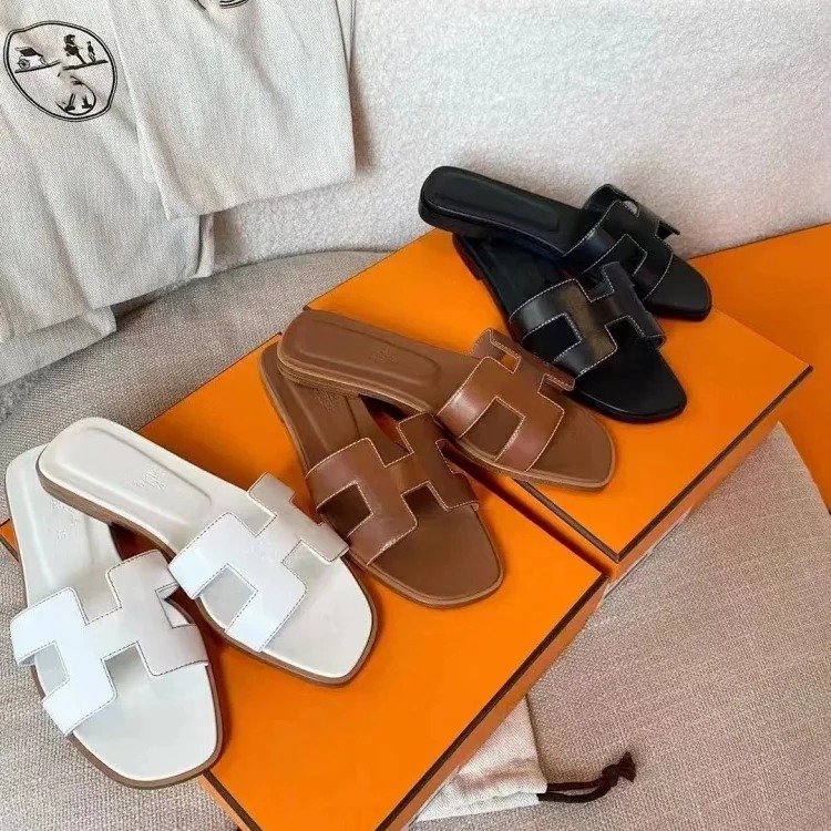 Hermes flat slippers for women, sheepskin all-inclusive embroidery thread for outer wear