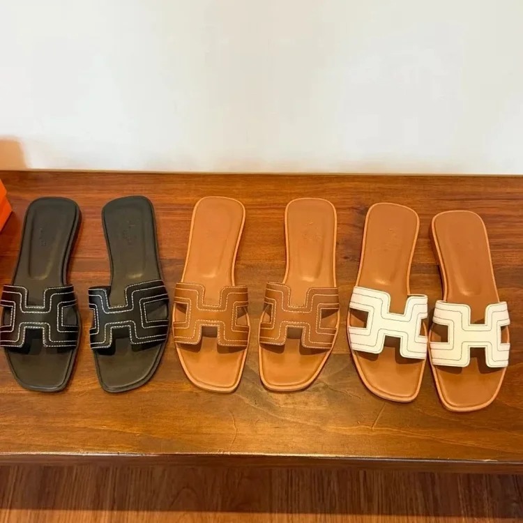 Hermes flat slippers for women, sheepskin all-inclusive embroidery thread for outer wear