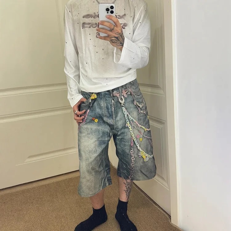 Ac style 3D digital print candy chain jeans cat whiskers distressed cropped pants straight wide leg shorts