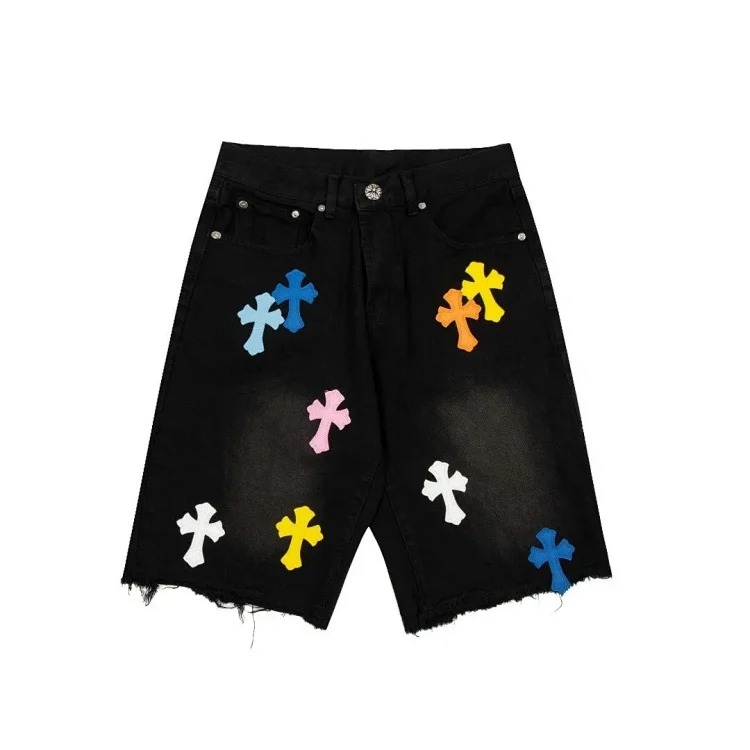 Chrome Hearts CH cross old denim shorts five-quarter pants for men and women