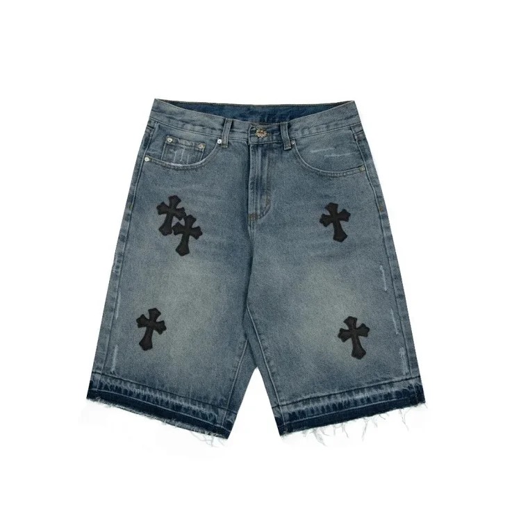 Chrome Hearts CH cross old denim shorts five-quarter pants for men and women