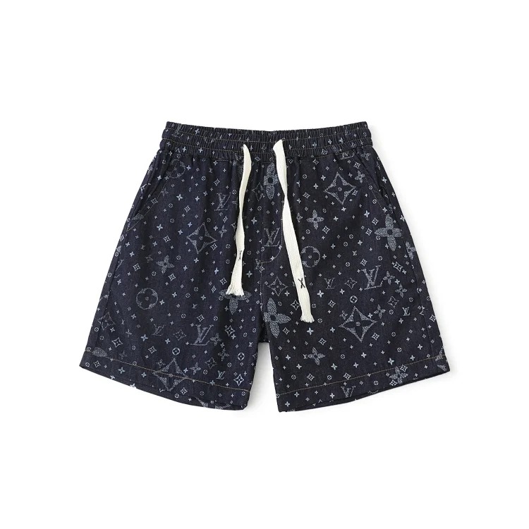 Denim shorts with presbyopic letters all over and baby's breath logo printed on them