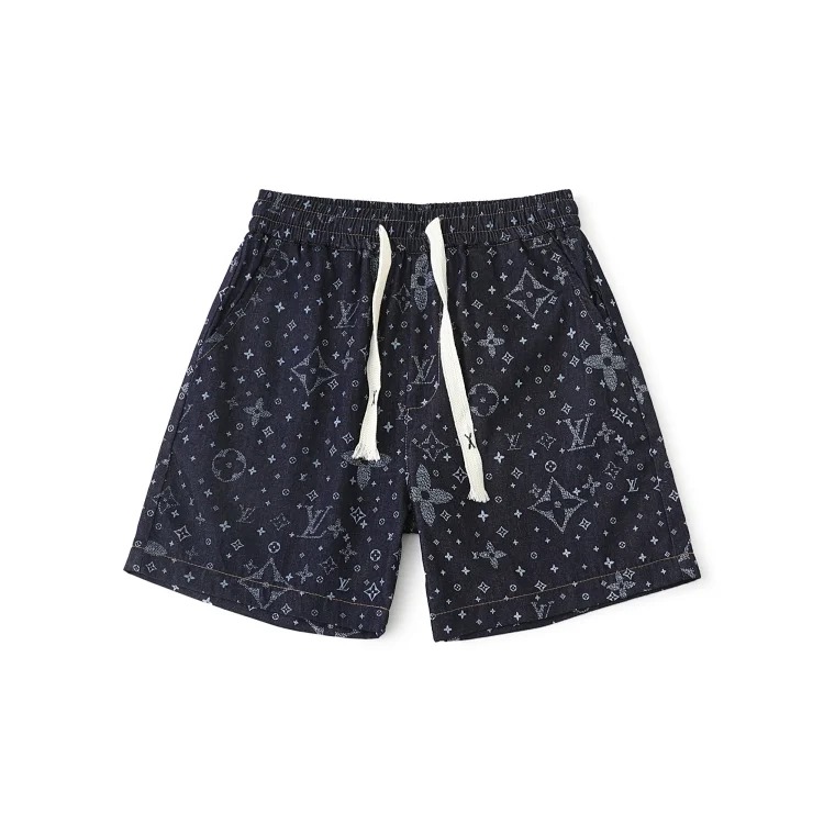Denim shorts with presbyopic letters all over and baby's breath logo printed on them