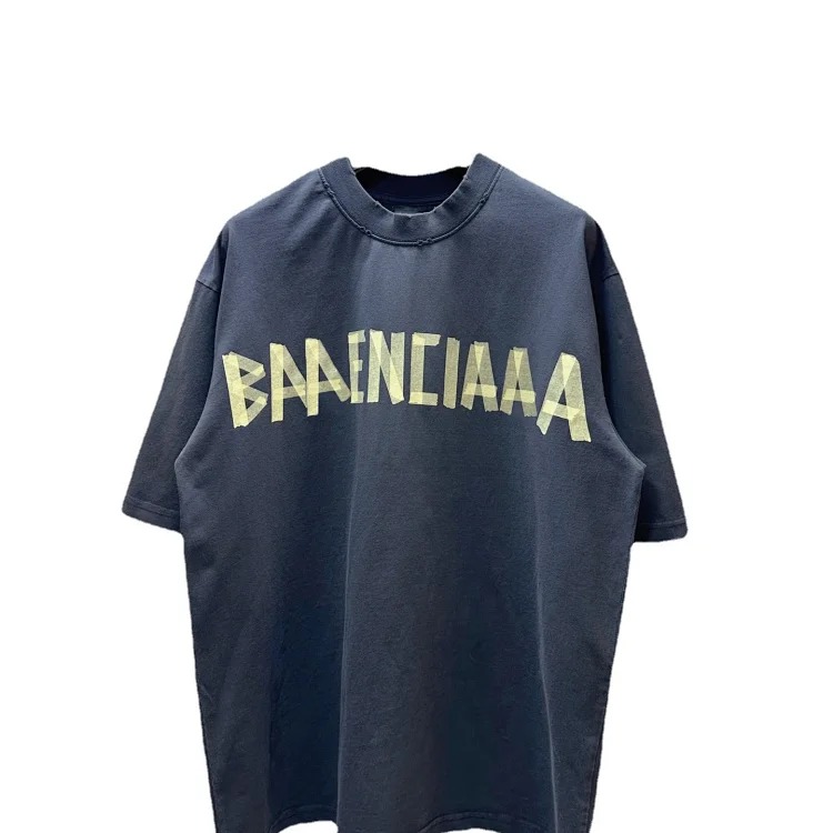 Yellow tape print washed distressed short-sleeved T-shirt