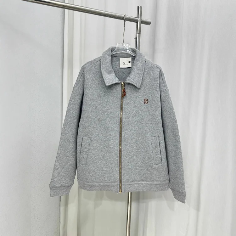 Nanyou high version MU thick plain knitted leather logo letter embroidered zipper jacket loose men's and women's jacket