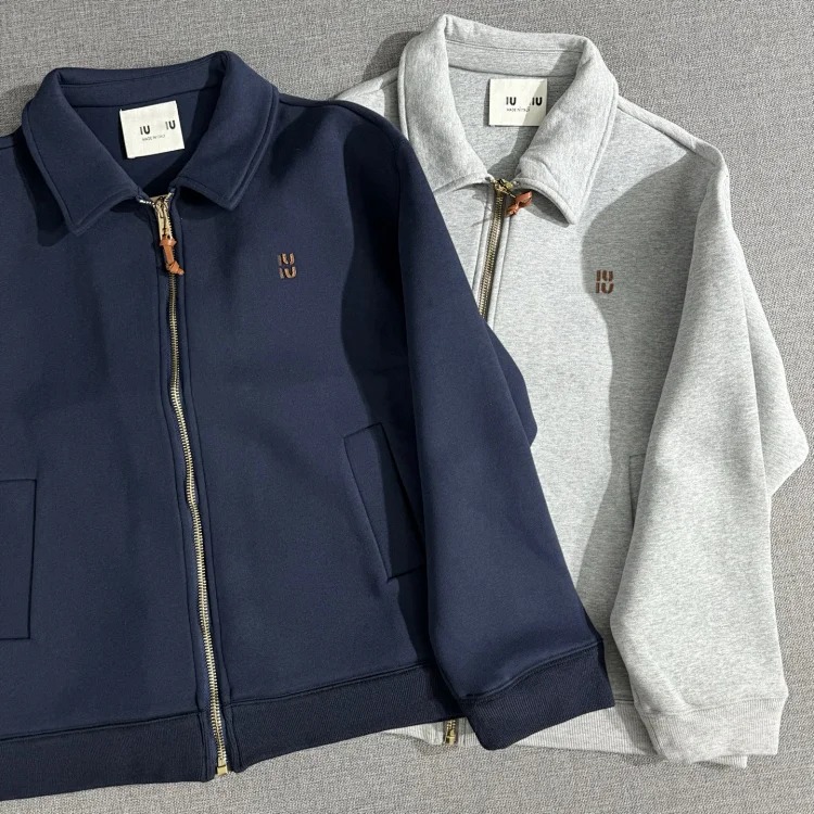 Nanyou high version MU thick plain knitted leather logo letter embroidered zipper jacket loose men's and women's jacket