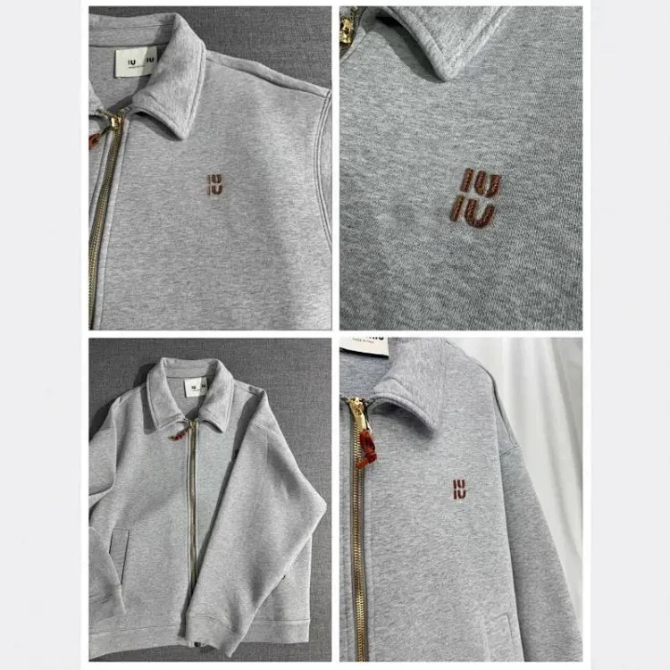 Nanyou high version MU thick plain knitted leather logo letter embroidered zipper jacket loose men's and women's jacket
