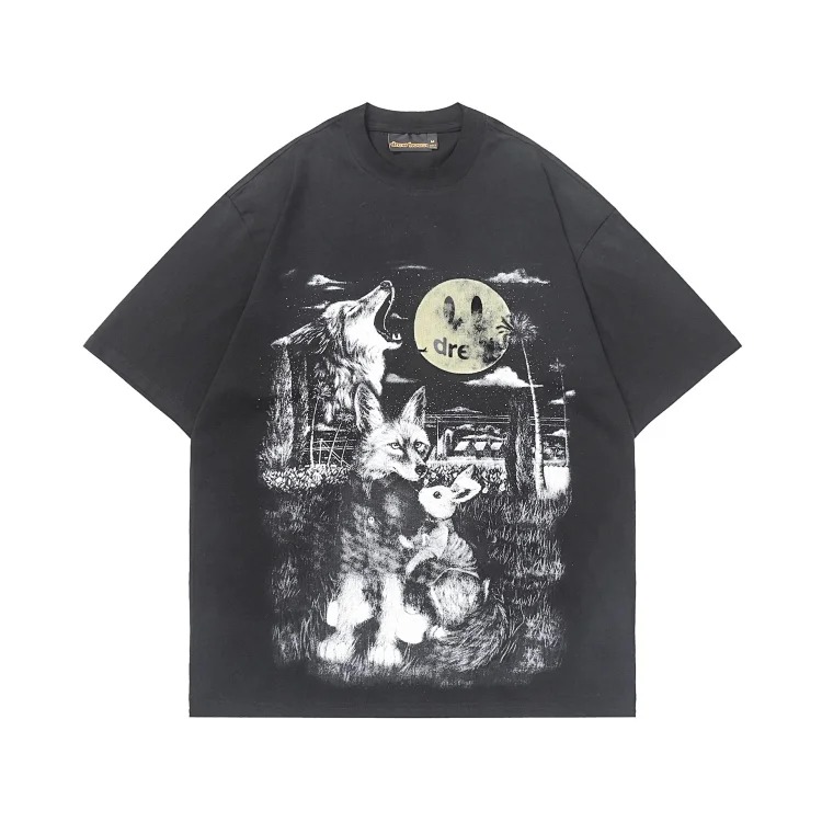 DREW HUOSE Summer classic Justin Bieber matching smiley face pattern round neck versatile T-shirt for couples