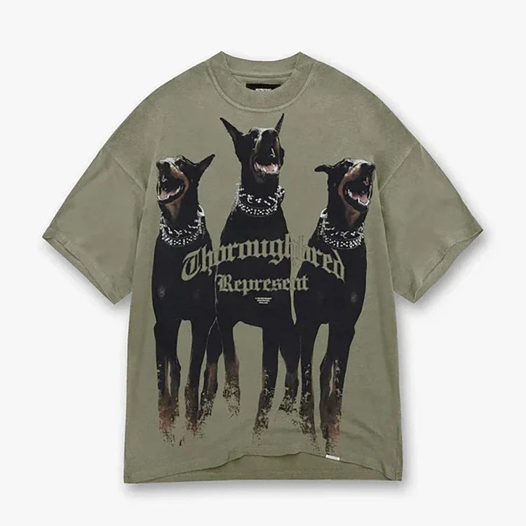 Washed distressed short-sleeved collection Doberman vintage retro heavyweight T-shirt