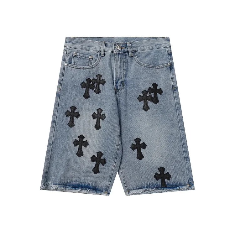 CH black and white cross straight patch fabric ripped tube distressed pocket jacket washed denim trousers