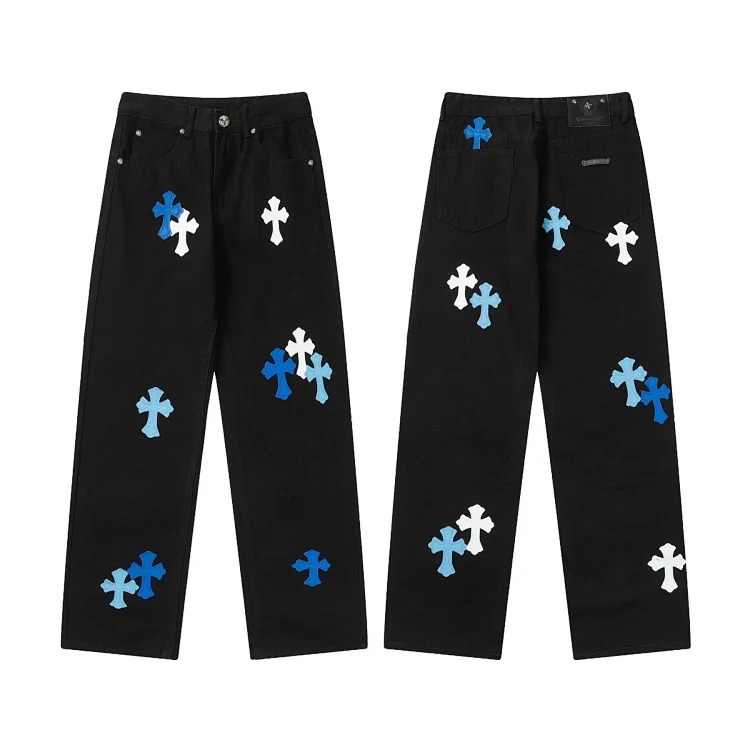 CH black and white cross straight patch fabric ripped tube distressed pocket jacket washed denim trousers