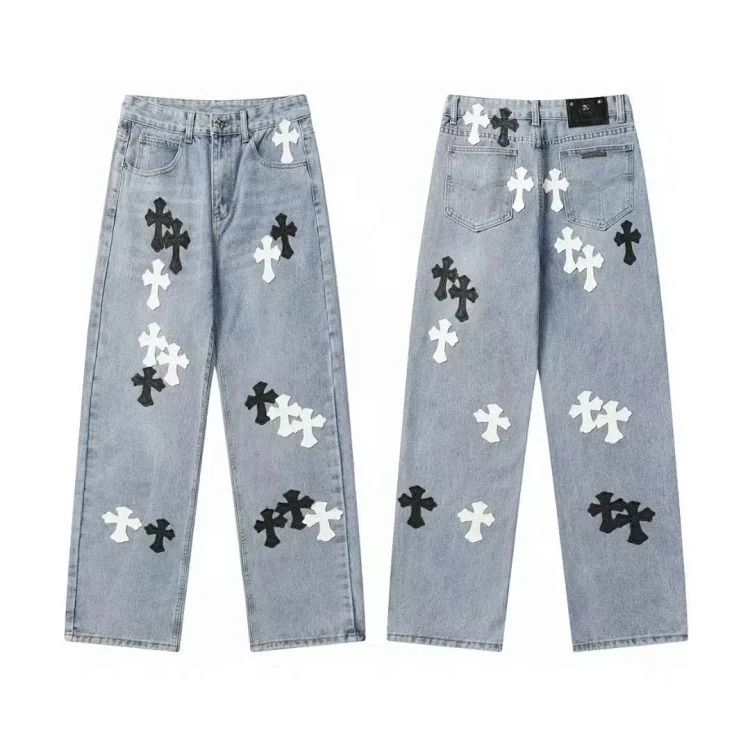CH black and white cross straight patch fabric ripped tube distressed pocket jacket washed denim trousers