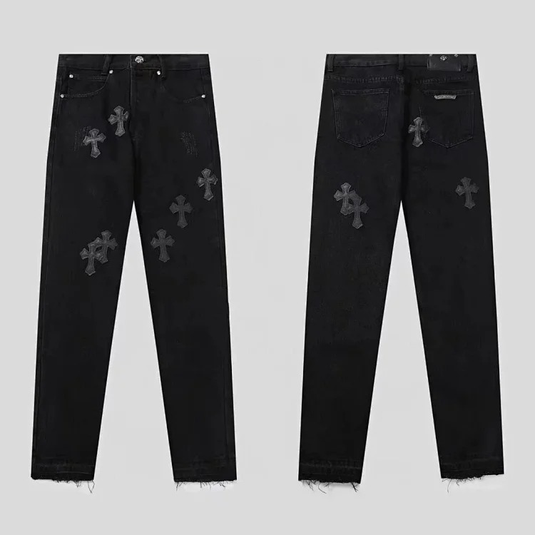 CH black and white cross straight patch fabric ripped tube distressed pocket jacket washed denim trousers