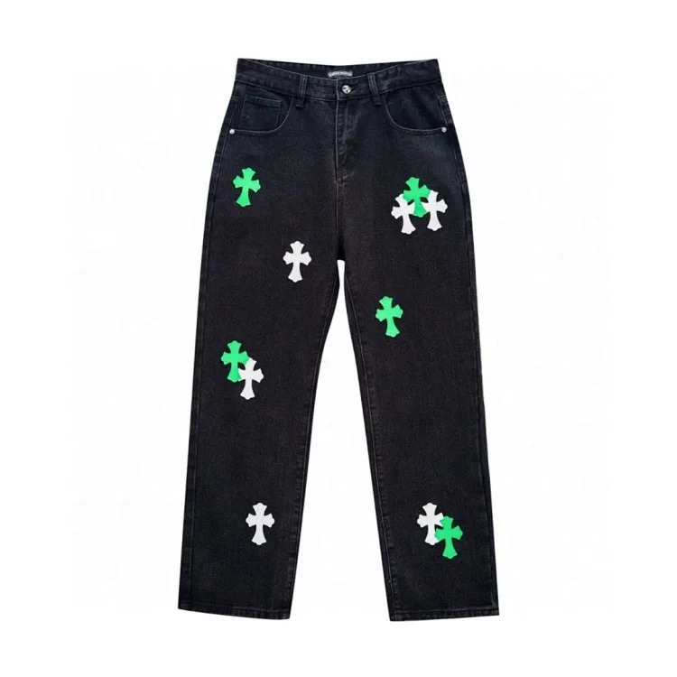 CH black and white cross straight patch fabric ripped tube distressed pocket jacket washed denim trousers