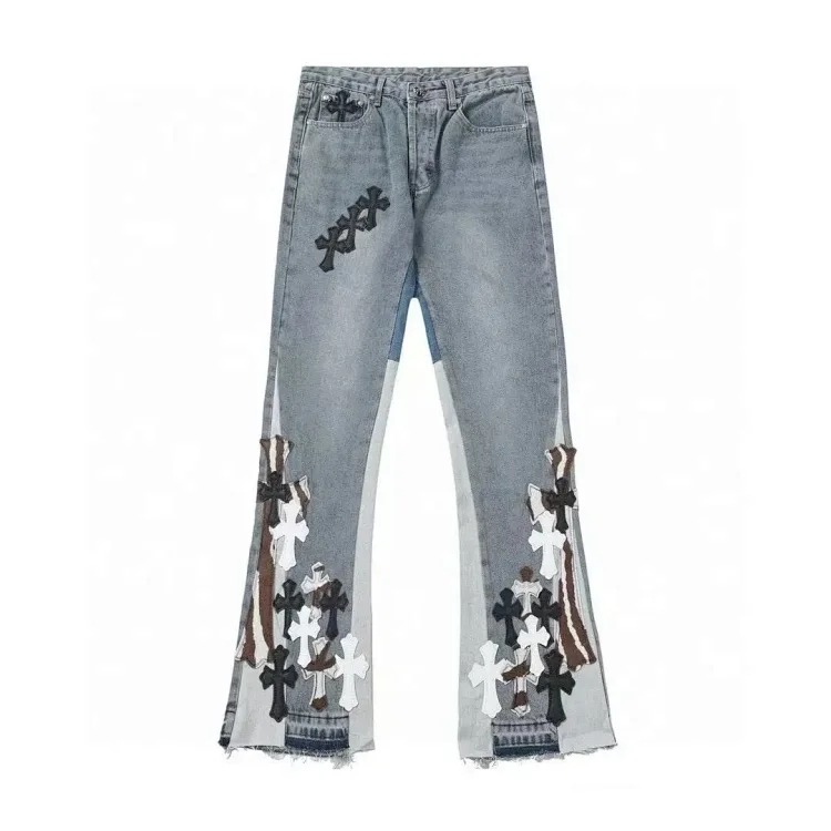 CH black and white cross straight patch fabric ripped tube distressed pocket jacket washed denim trousers