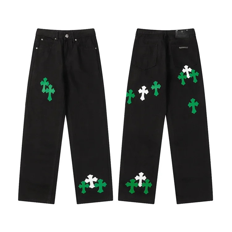 CH black and white cross straight patch fabric ripped tube distressed pocket jacket washed denim trousers
