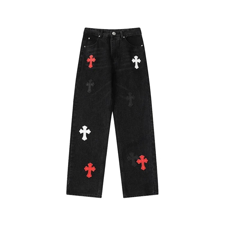 CH black and white cross straight patch fabric ripped tube distressed pocket jacket washed denim trousers