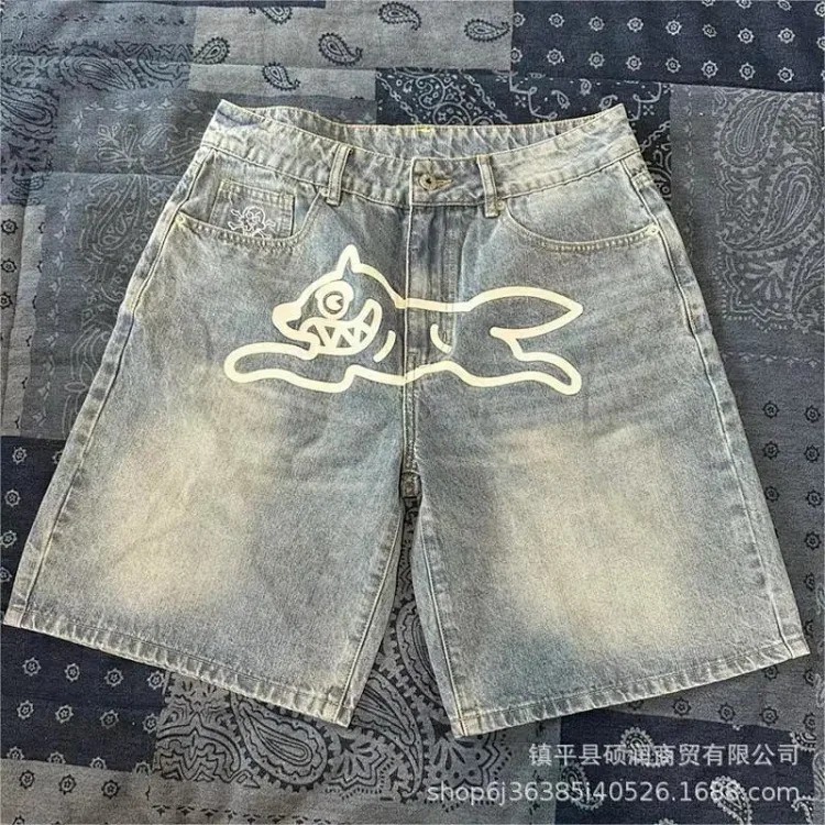 American high street fashion brand flying dog print unisex denim trousers