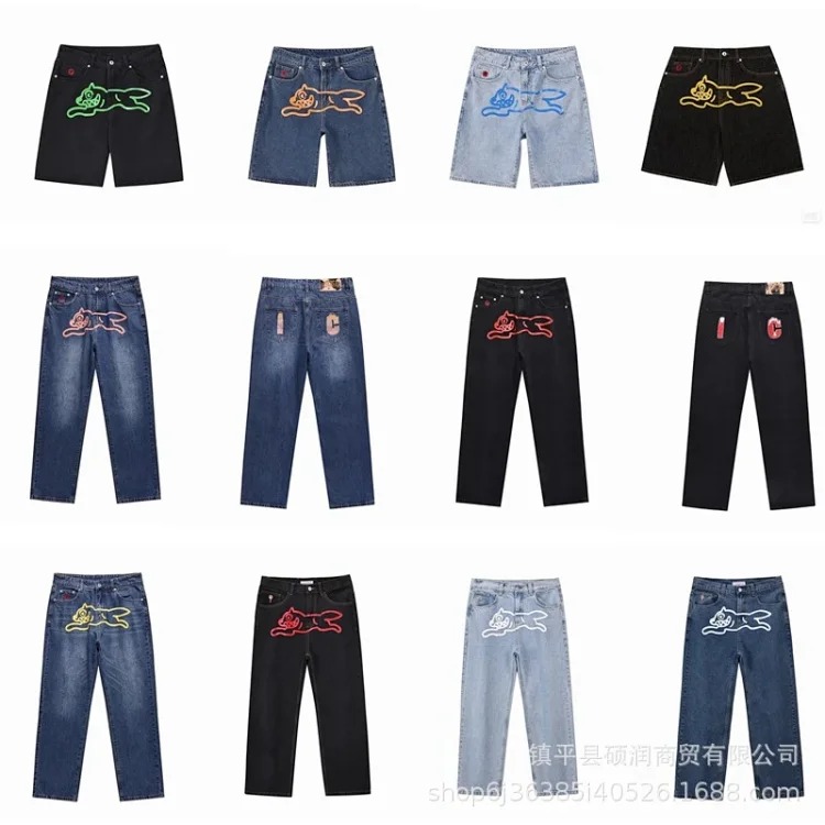 American high street fashion brand flying dog print unisex denim trousers