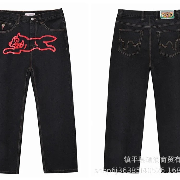 American high street fashion brand flying dog print unisex denim trousers