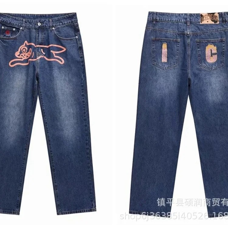 American high street fashion brand flying dog print unisex denim trousers