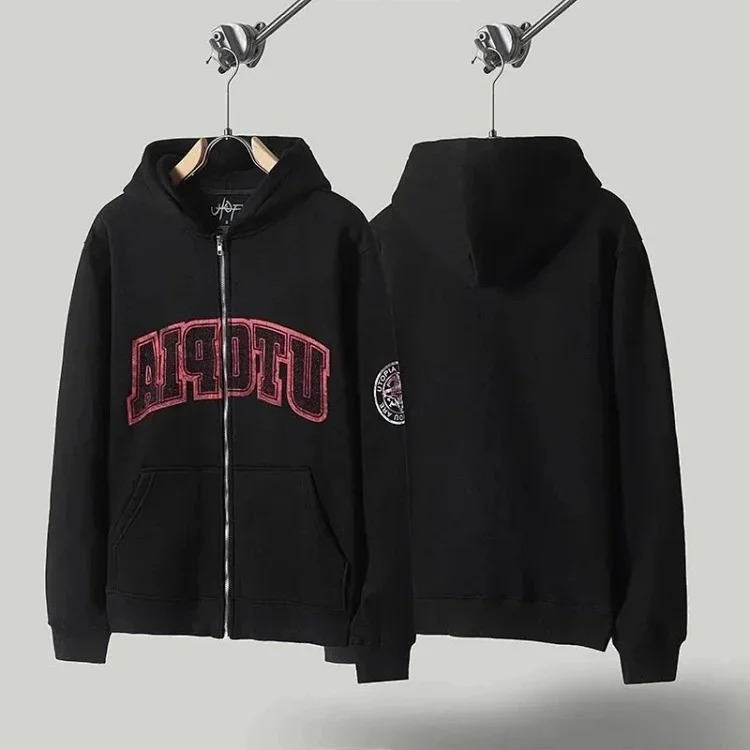 American niche high street brand Travis Scott SS23 UTOPIA limited series reverse letter printed pocket zipper pure cotton 340g cardigan plus velvet hooded sweatshirt