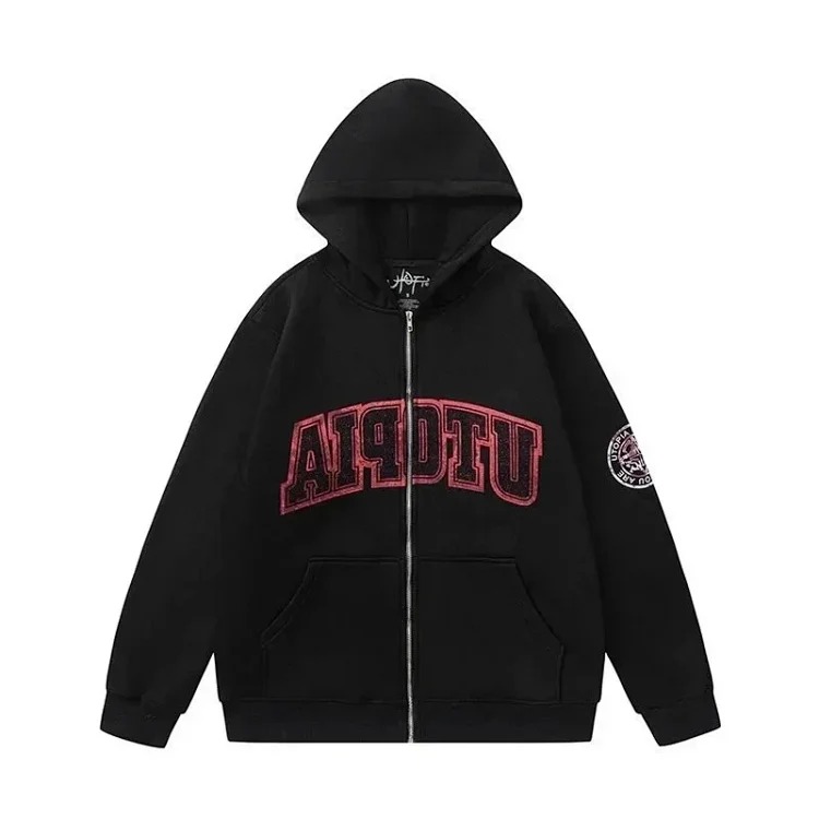 American niche high street brand Travis Scott SS23 UTOPIA limited series reverse letter printed pocket zipper pure cotton 340g cardigan plus velvet hooded sweatshirt