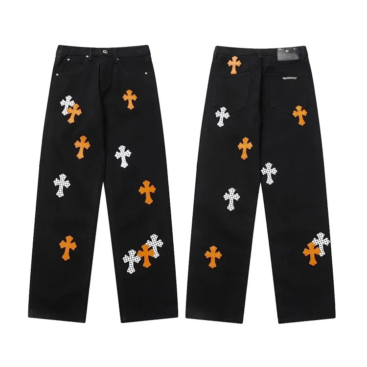 Chrome Hearts CH black and white cross straight patch fabric ripped tube distressed pocket jacket washed denim trousers