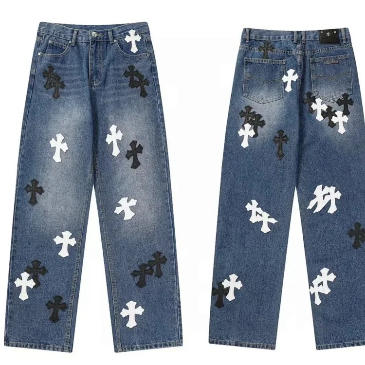 Chrome Hearts CH black and white cross straight patch fabric ripped tube distressed pocket jacket washed denim trousers