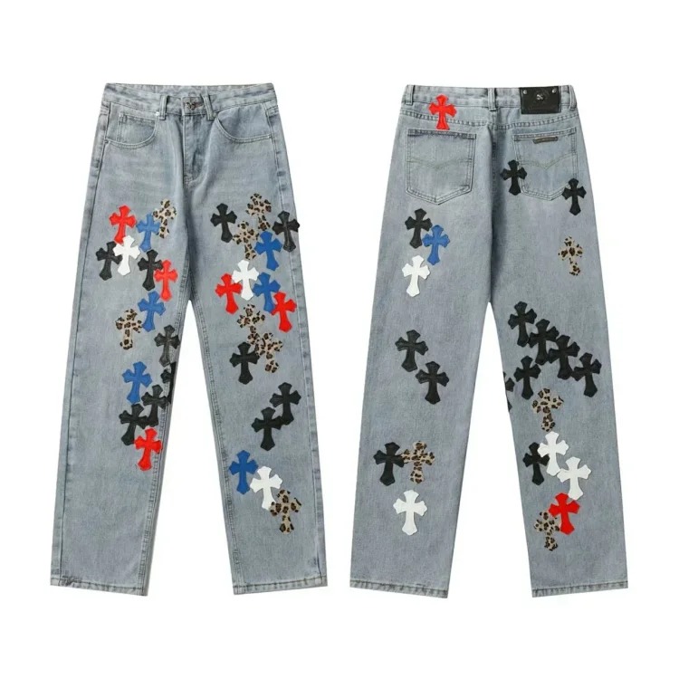 Chrome Hearts CH black and white cross straight patch fabric ripped tube distressed pocket jacket washed denim trousers