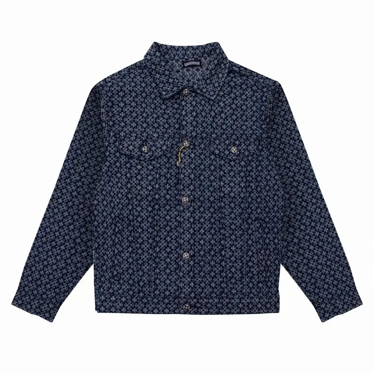 Chrome Hearts CH black and white cross straight patch fabric ripped tube distressed pocket jacket washed denim trousers