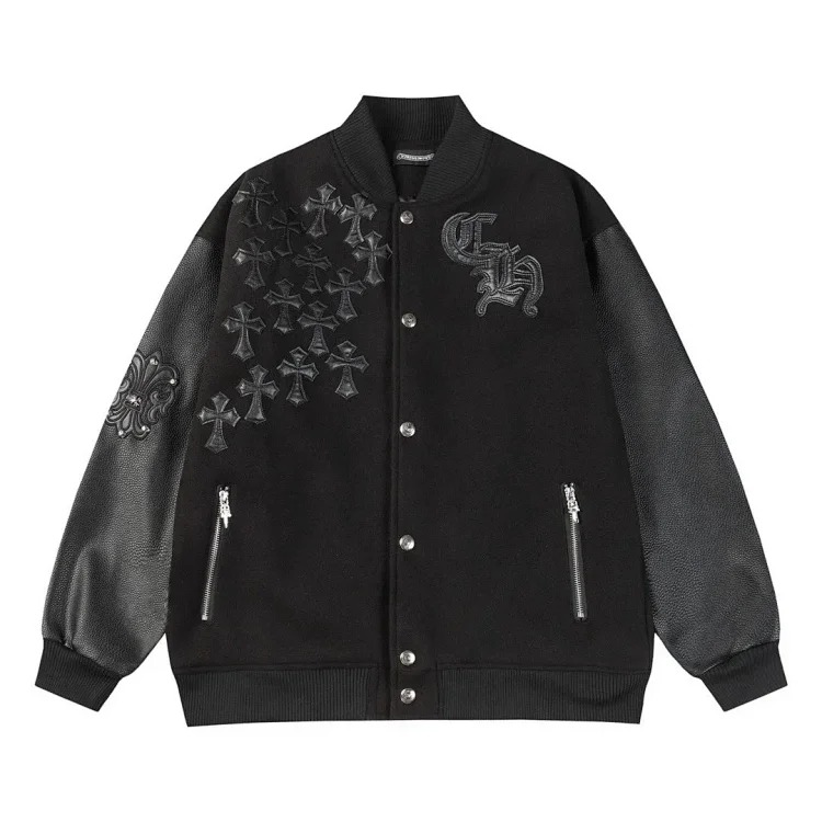 Chrome Hearts CH black and white cross straight patch fabric ripped tube distressed pocket jacket washed denim trousers
