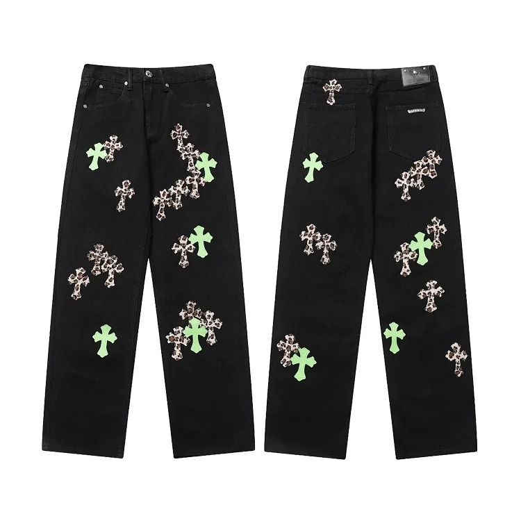 Chrome Hearts CH black and white cross straight patch fabric ripped tube distressed pocket jacket washed denim trousers