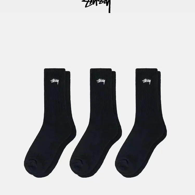 Classic black and white gray Stussy trendy socks sports socks gift box with 3 pairs of towel bottom high tube embroidered trendy socks for men and women wholesale