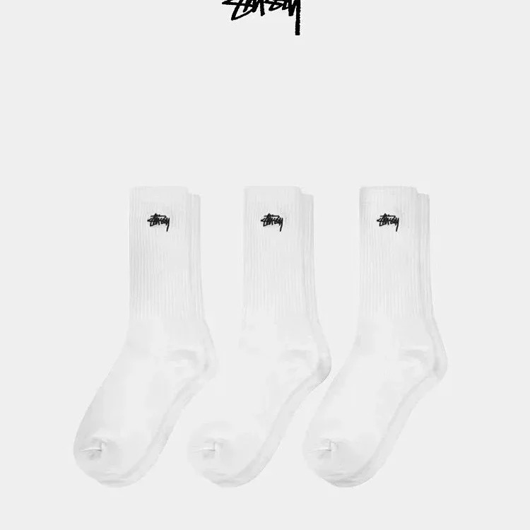 Classic black and white gray Stussy trendy socks sports socks gift box with 3 pairs of towel bottom high tube embroidered trendy socks for men and women wholesale
