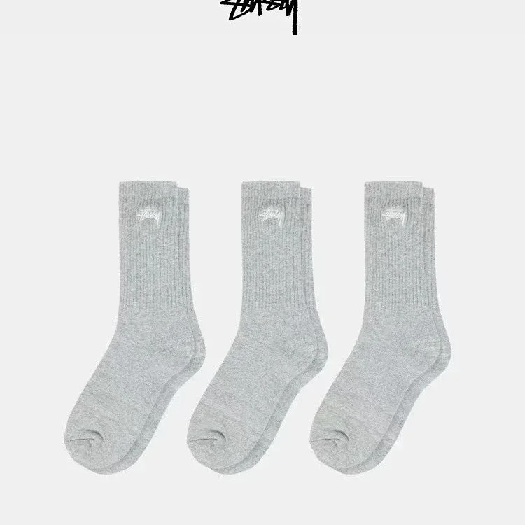 Classic black and white gray Stussy trendy socks sports socks gift box with 3 pairs of towel bottom high tube embroidered trendy socks for men and women wholesale
