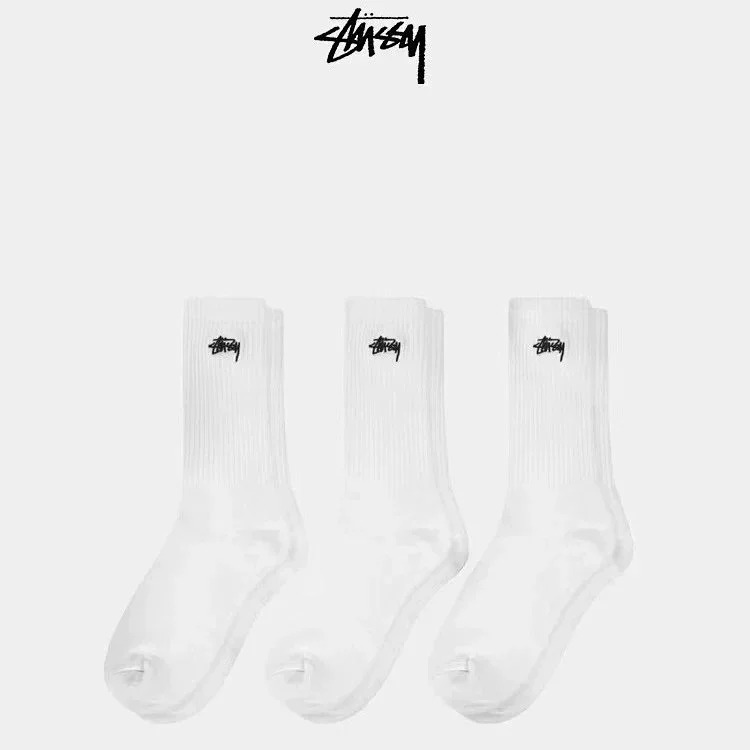 Classic black and white gray Stussy trendy socks sports socks gift box with 3 pairs of towel bottom high tube embroidered trendy socks for men and women wholesale
