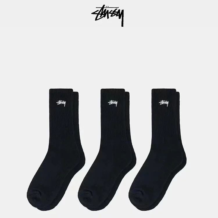 Classic black and white gray Stussy trendy socks sports socks gift box with 3 pairs of towel bottom high tube embroidered trendy socks for men and women wholesale