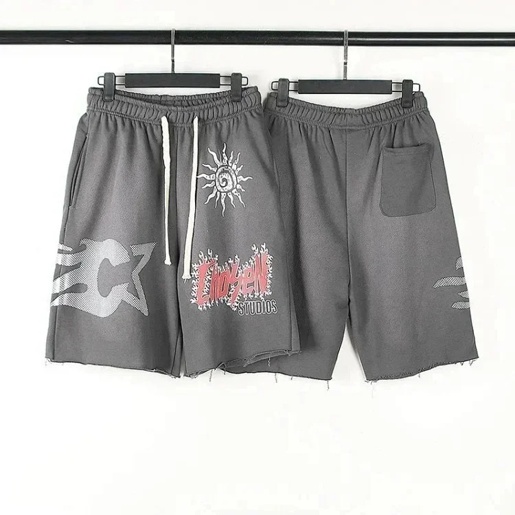 American high street Travis Scott CHARACTER cartoon print men's and women's casual loose sports terry shorts three-quarter pants for men and women trendy