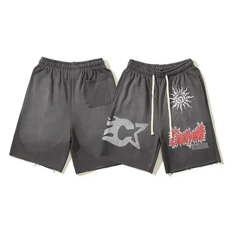 American high street Travis Scott CHARACTER cartoon print men's and women's casual loose sports terry shorts three-quarter pants for men and women trendy