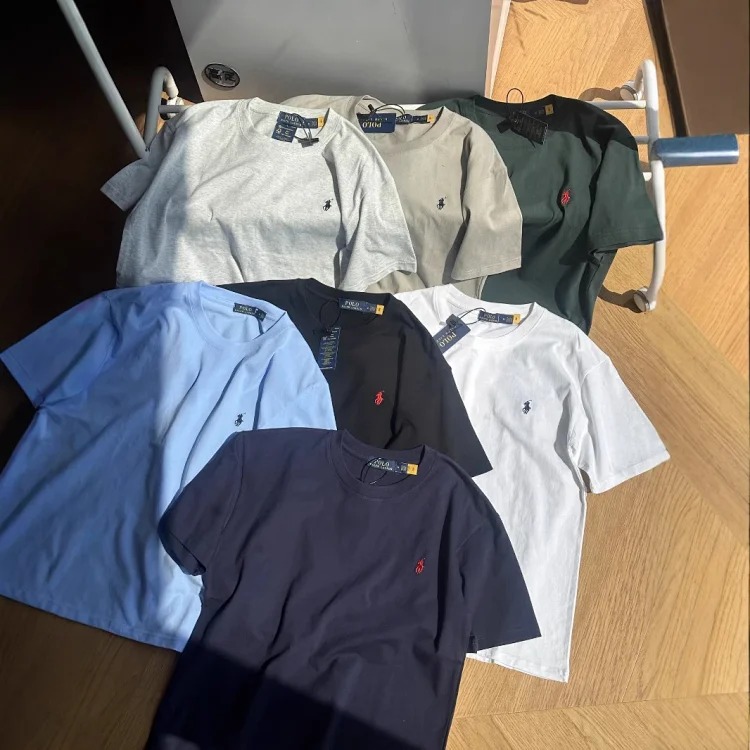 Ralph Lauren versatile solid color classic cotton T-shirt with seven-color pony embroidery for couples