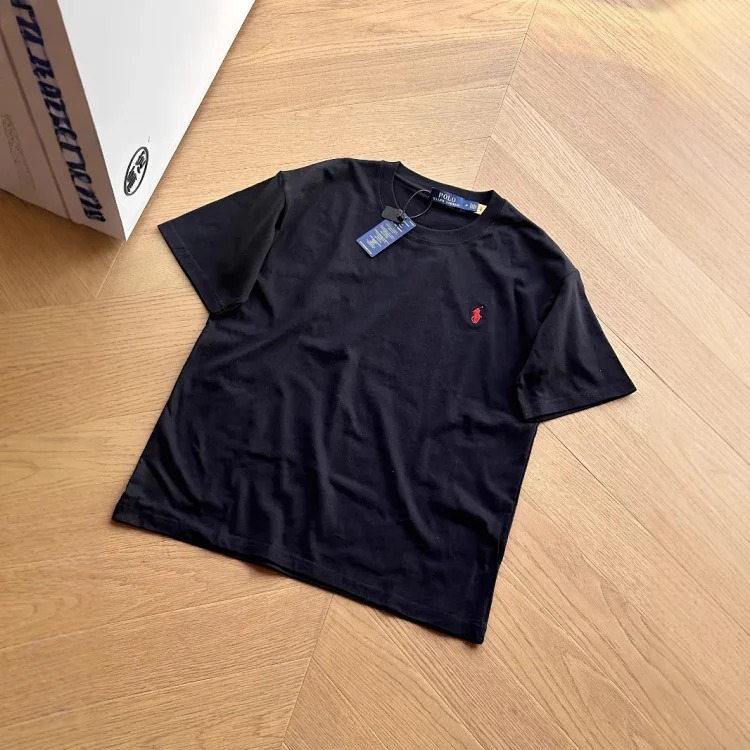 Ralph Lauren versatile solid color classic cotton T-shirt with seven-color pony embroidery for couples