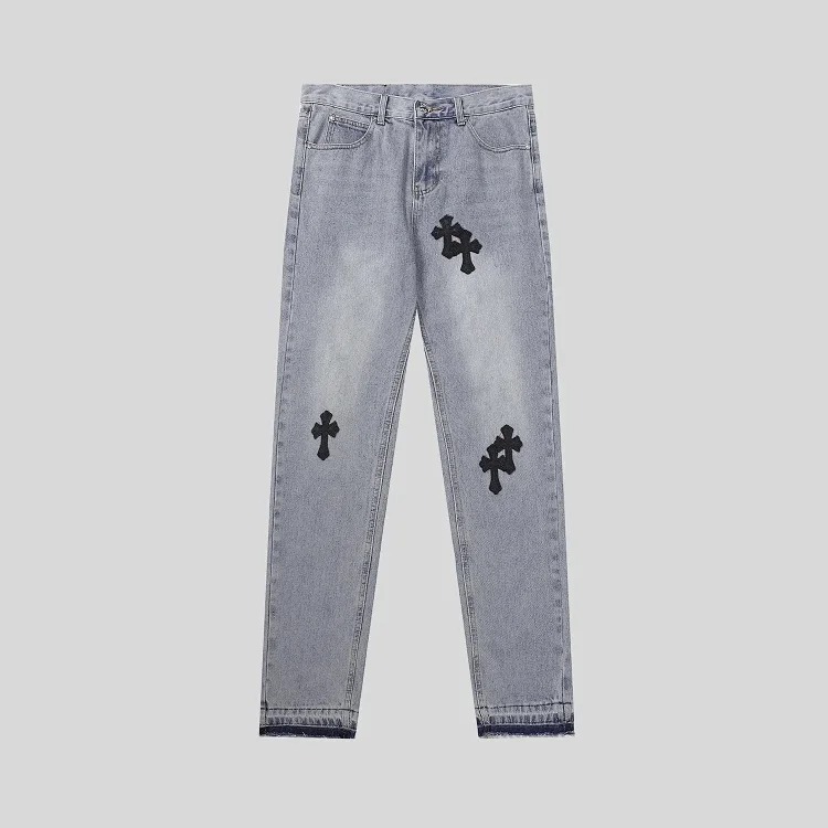 Chrome Hearts Cross-border direct supply independent CH black and white cross straight patch fabric ripped hole tube distressed pocket jacket washed denim trousers