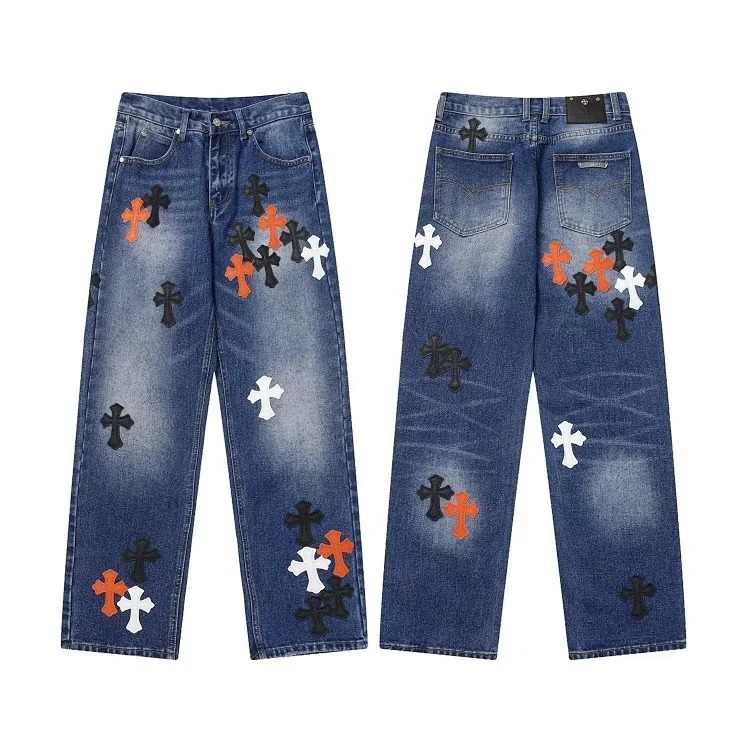 Chrome Hearts Cross-border direct supply independent CH black and white cross straight patch fabric ripped hole tube distressed pocket jacket washed denim trousers