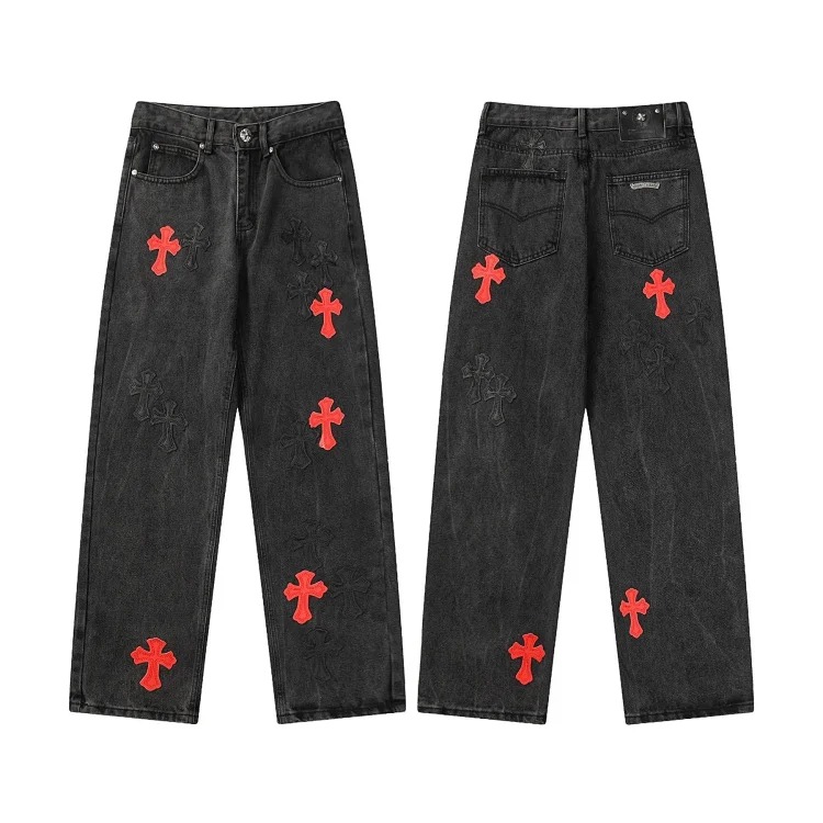 Chrome Hearts Cross-border direct supply independent CH black and white cross straight patch fabric ripped hole tube distressed pocket jacket washed denim trousers